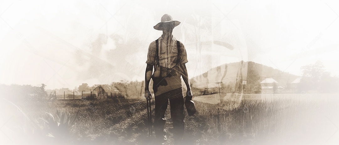 Agricultor trabalhando em sua fazenda, ilustração de foto de dupla exposição.