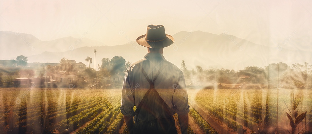 Agricultor trabalhando em sua fazenda, ilustração de foto de dupla exposição.