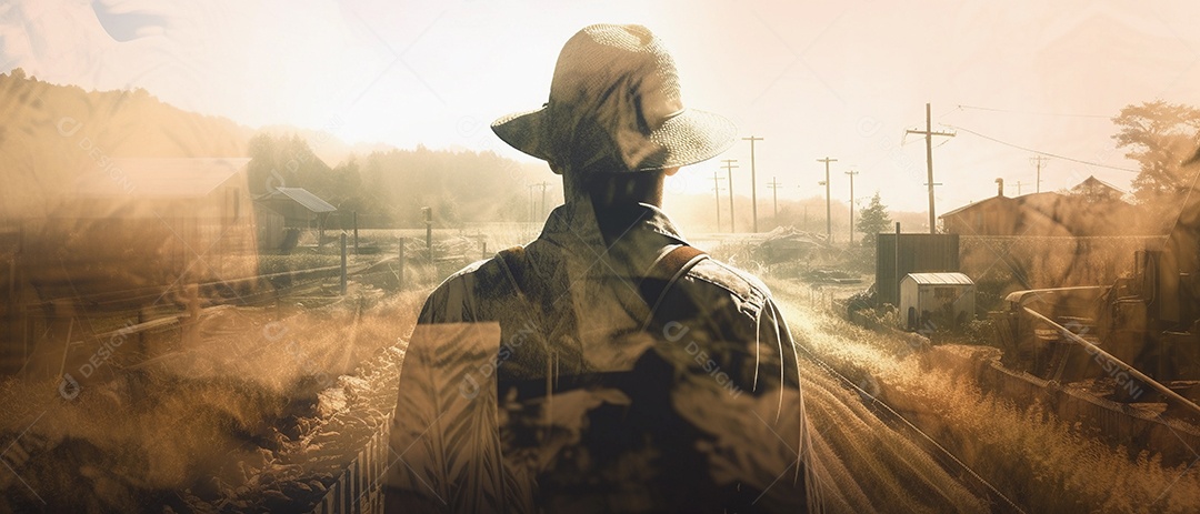 Agricultor trabalhando em sua fazenda, ilustração de foto de dupla exposição.