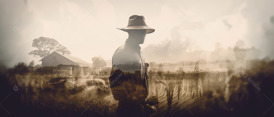 Agricultor trabalhando em sua fazenda, ilustração de foto de dupla exposição.