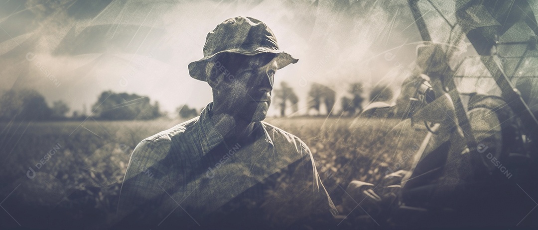 Agricultor trabalhando em sua fazenda, ilustração de foto de dupla exposição.