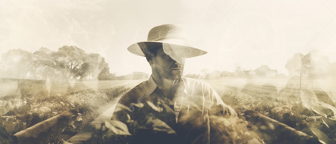 Agricultor trabalhando em sua fazenda, ilustração de foto de dupla exposição.