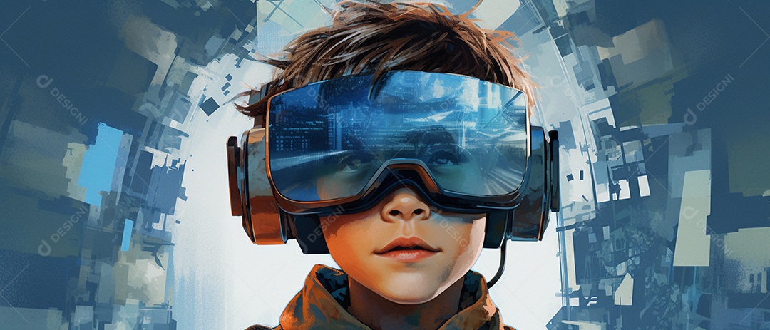 Garotinho ou adolescente usando fone de ouvido VR de realidade virtual para entrar em outro mundo. conceito de jogo futurista.