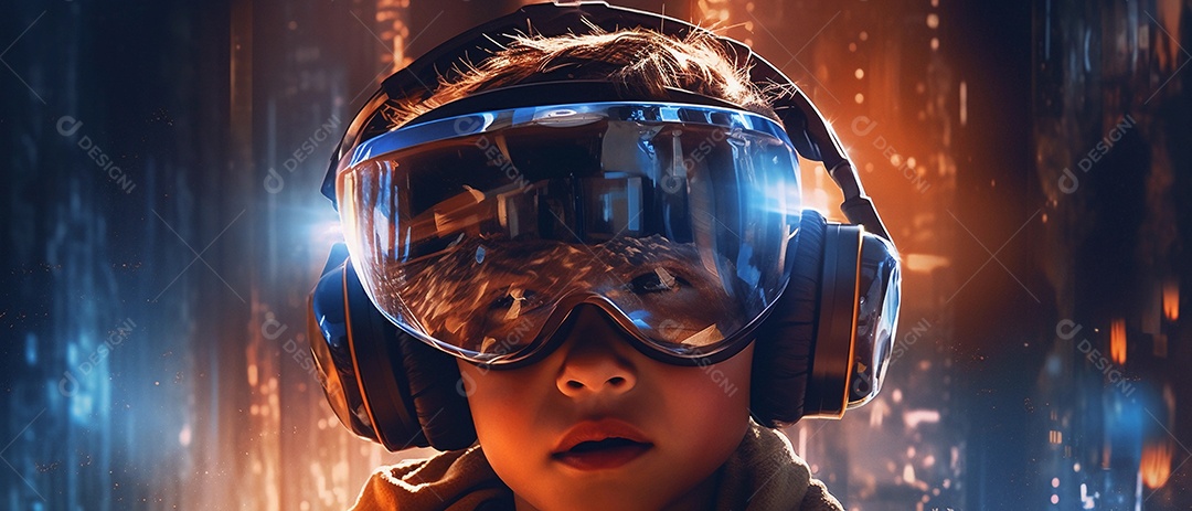 Garotinho ou adolescente usando fone de ouvido VR de realidade virtual para entrar em outro mundo. conceito de jogo futurista.