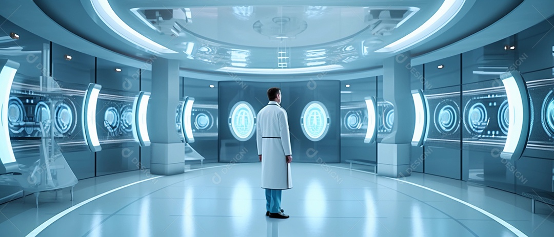 Médico em um quarto de hospital futurista para cirurgia ou tratamento.
