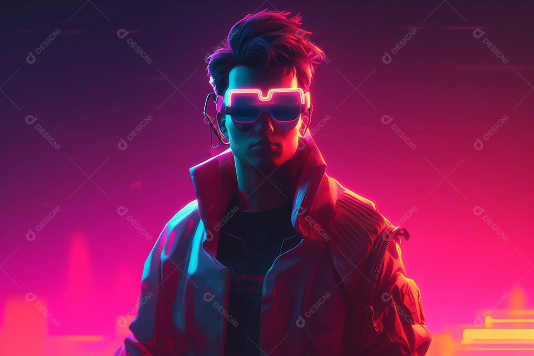 Homem posando como um herói em um fundo neon. luzes roxas e azuis.