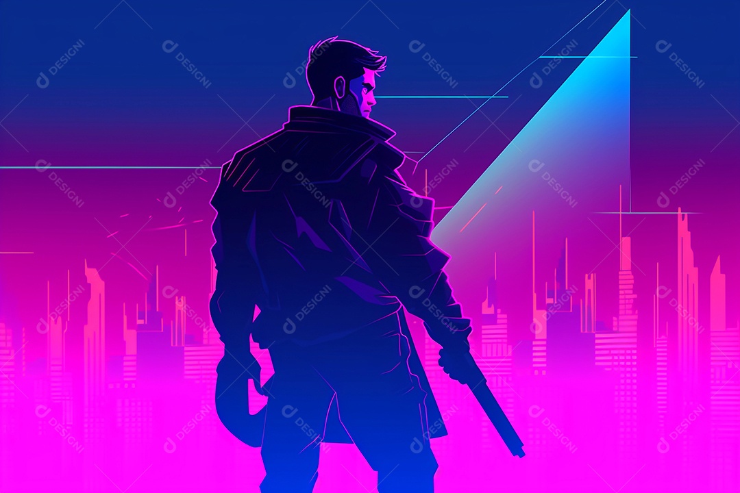 Homem posando como um herói em um fundo neon. luzes roxas e azuis.