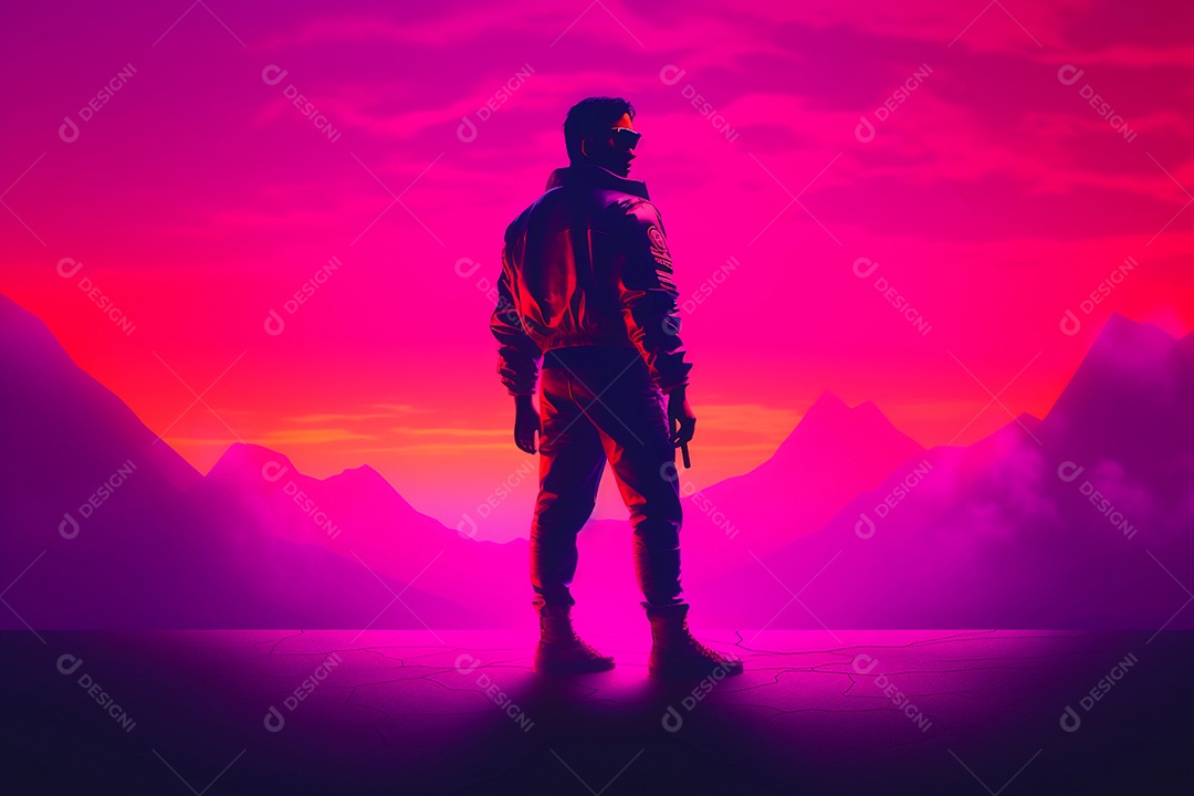 Homem posando como um herói em um fundo neon. luzes roxas e azuis.