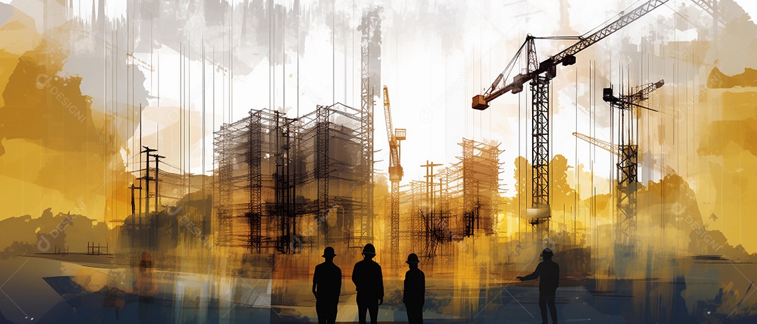 Fotografia de dupla exposição de trabalhadores com edifícios ao fundo