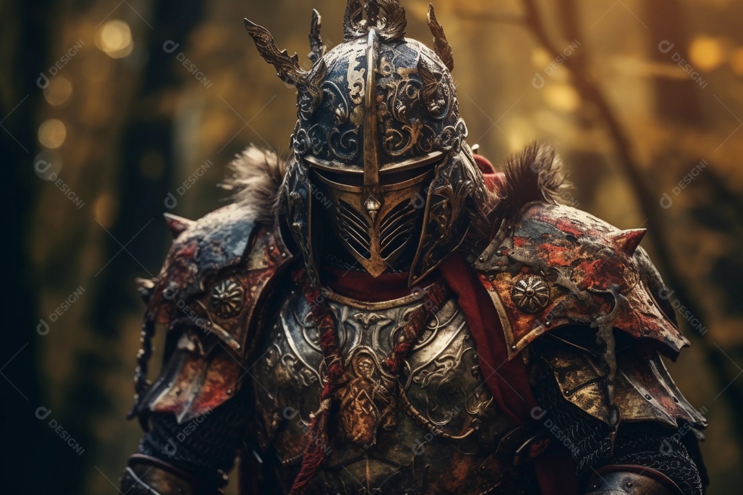 Lutador de guerreiro medieval usando armadura de ferro andando a cavalo. fotografia ilustração.