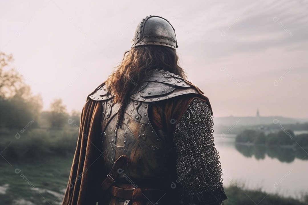 Lutador de guerreiro medieval usando armadura de ferro andando a cavalo. fotografia ilustração.