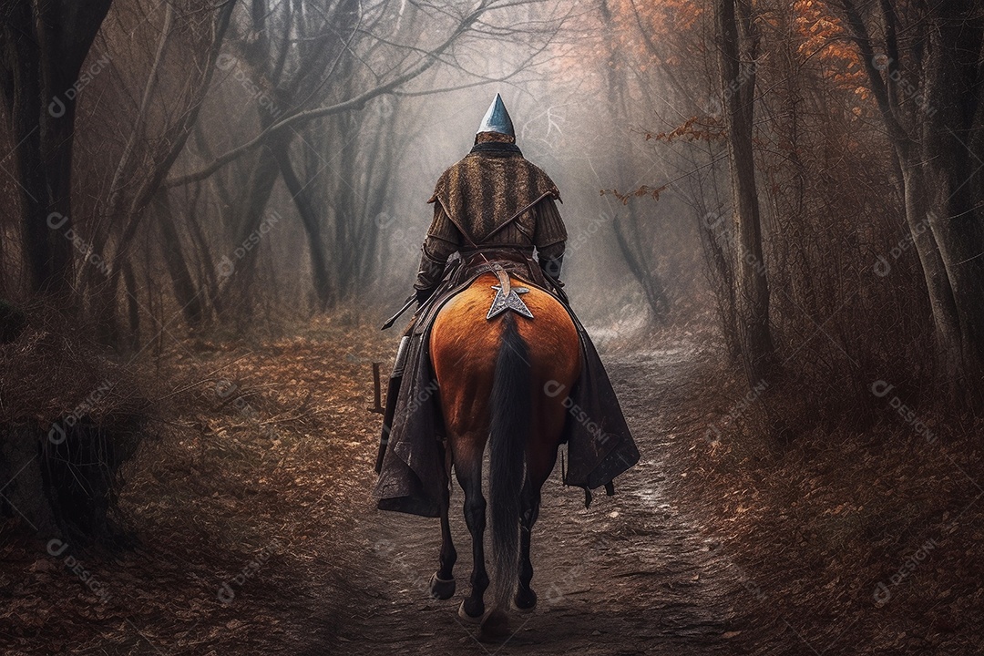 Lutador de guerreiro medieval usando armadura de ferro andando a cavalo. fotografia ilustração.