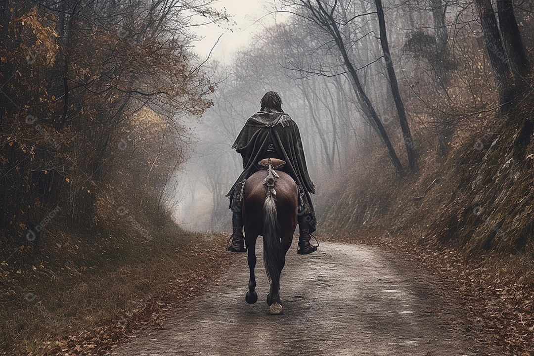 Lutador de guerreiro medieval usando armadura de ferro andando a cavalo. fotografia ilustração.