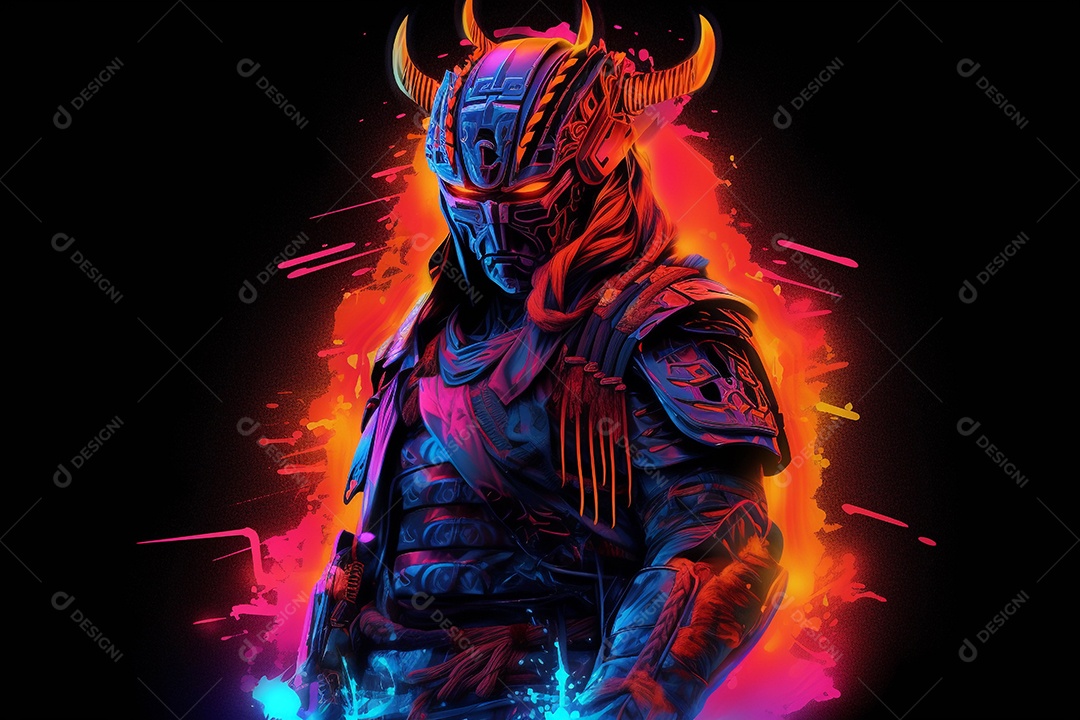 Samurai cyberpunk com cor neon.