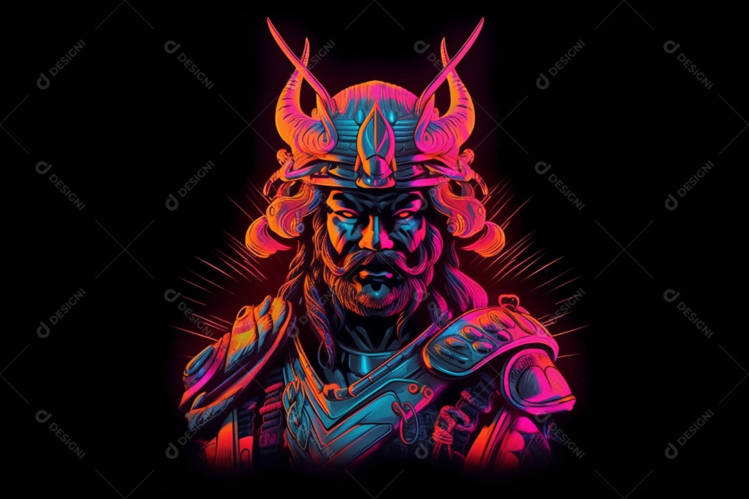 Samurai cyberpunk com cor neon.