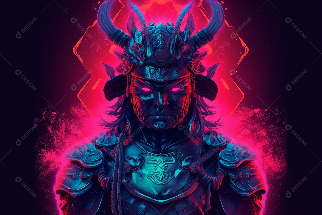 Samurai cyberpunk com cor neon.