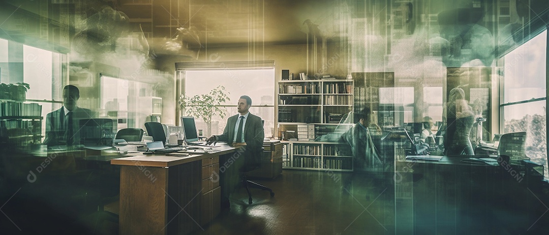 trabalhadores na sala de escritório, fotografia ilustração dupla exposição.