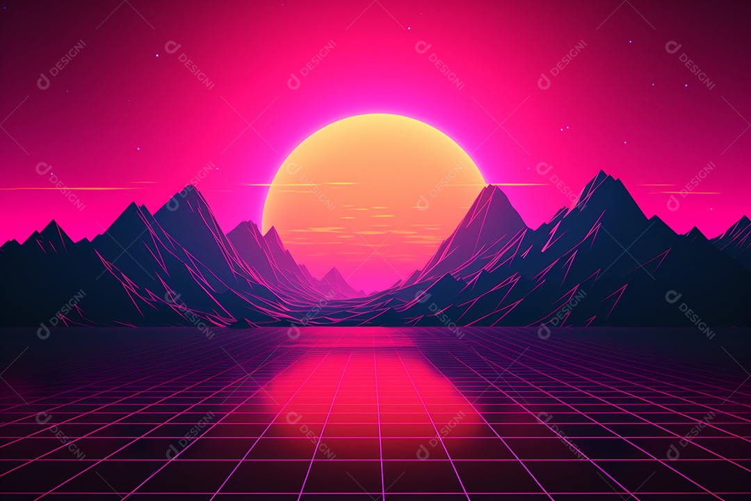 Neon retrowave ou fundo synthwave com grade e sol.