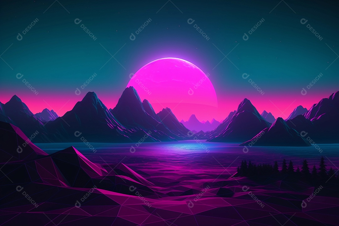 Neon retrowave ou fundo synthwave com grade e sol.