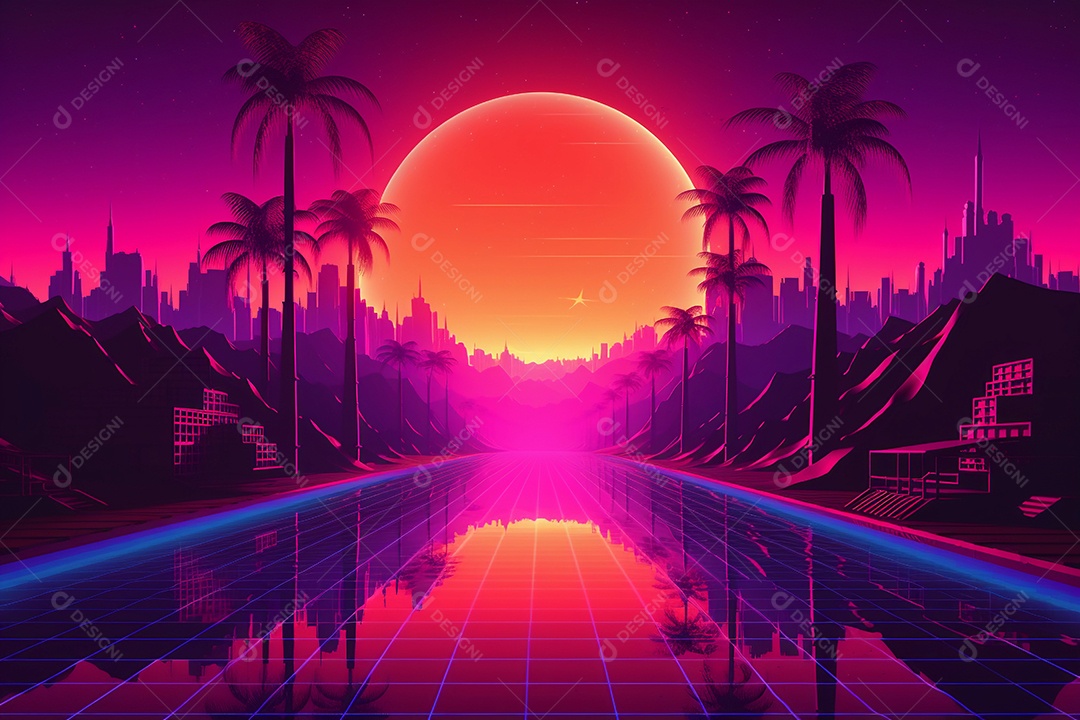 Neon retrowave ou fundo synthwave com grade e sol.