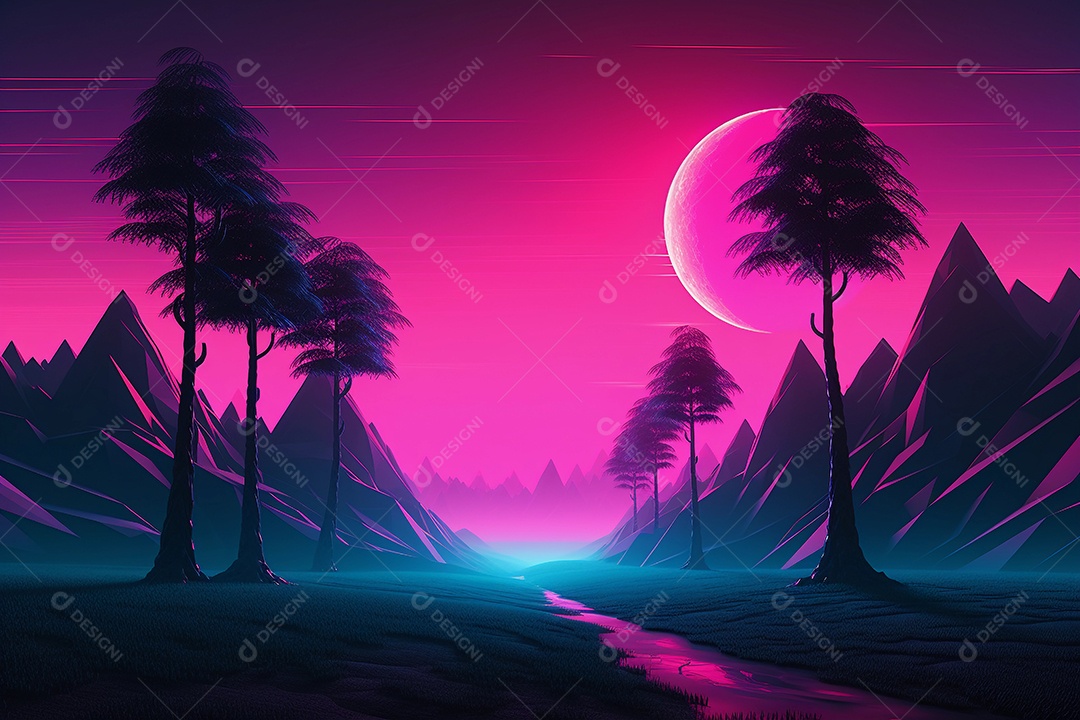 Neon retrowave ou fundo synthwave com grade e sol.