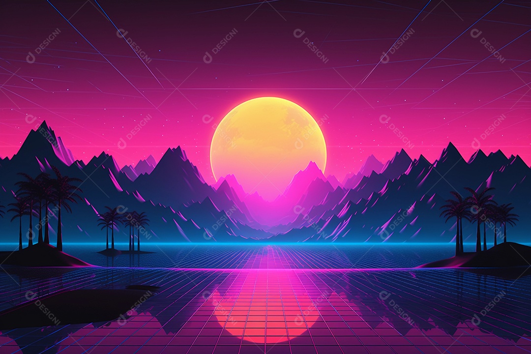 Neon retrowave ou fundo synthwave com grade e sol.