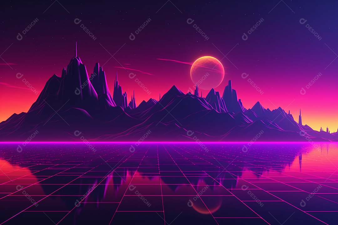 Neon retrowave ou fundo synthwave com grade e sol.