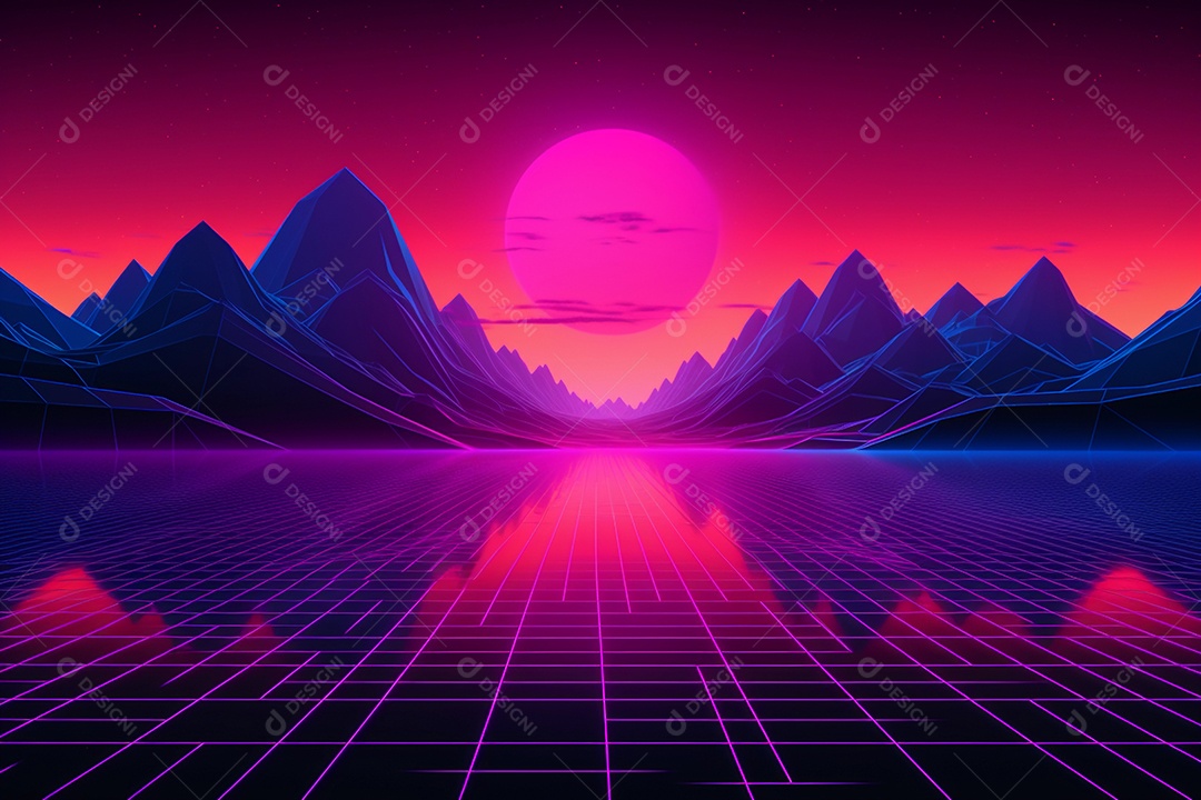 Neon retrowave ou fundo synthwave com grade e sol.