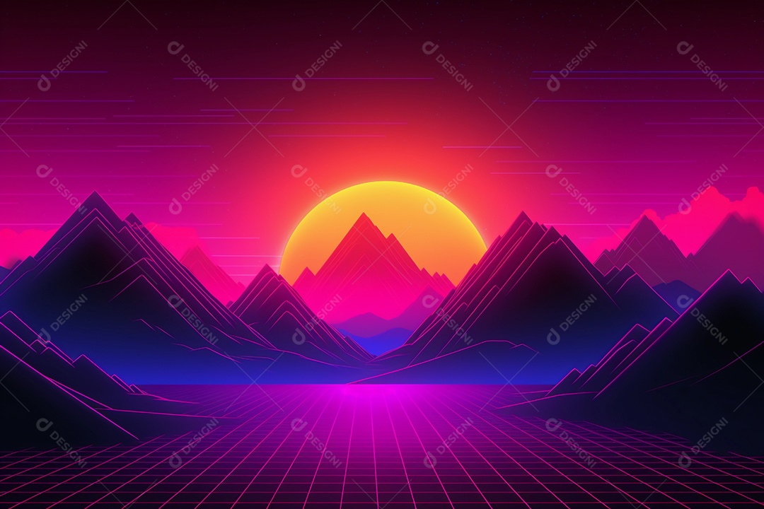 Neon retrowave ou fundo synthwave com grade e sol.