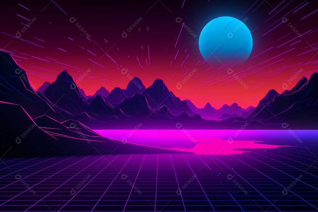 Neon retrowave ou fundo synthwave com grade e sol.