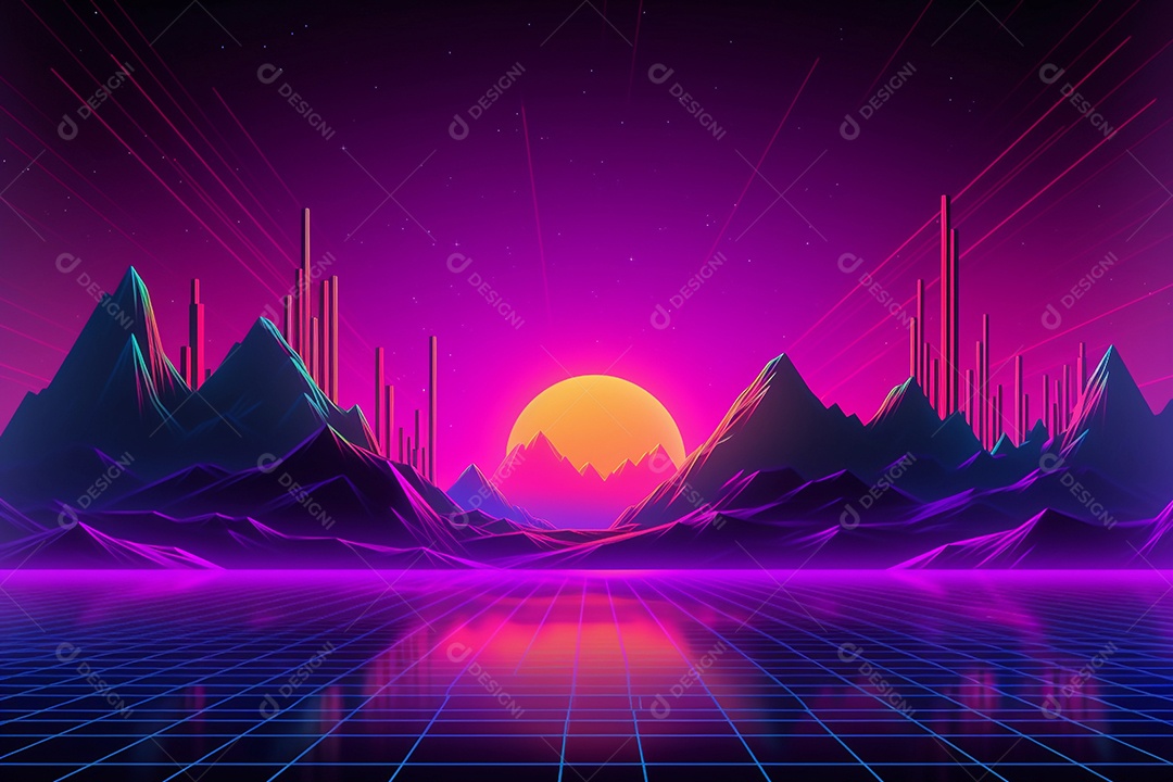 Neon retrowave ou fundo synthwave com grade e sol.