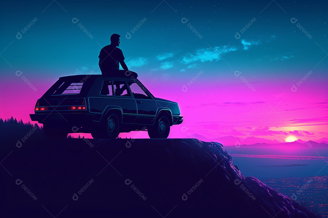 Neon retrowave ou fundo synthwave com grade e sol e um homem sentado em cima de um carro olhando para o horizonte.