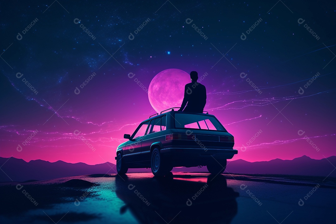 Neon retrowave ou fundo synthwave com grade e sol e um homem sentado em cima de um carro olhando para o horizonte.