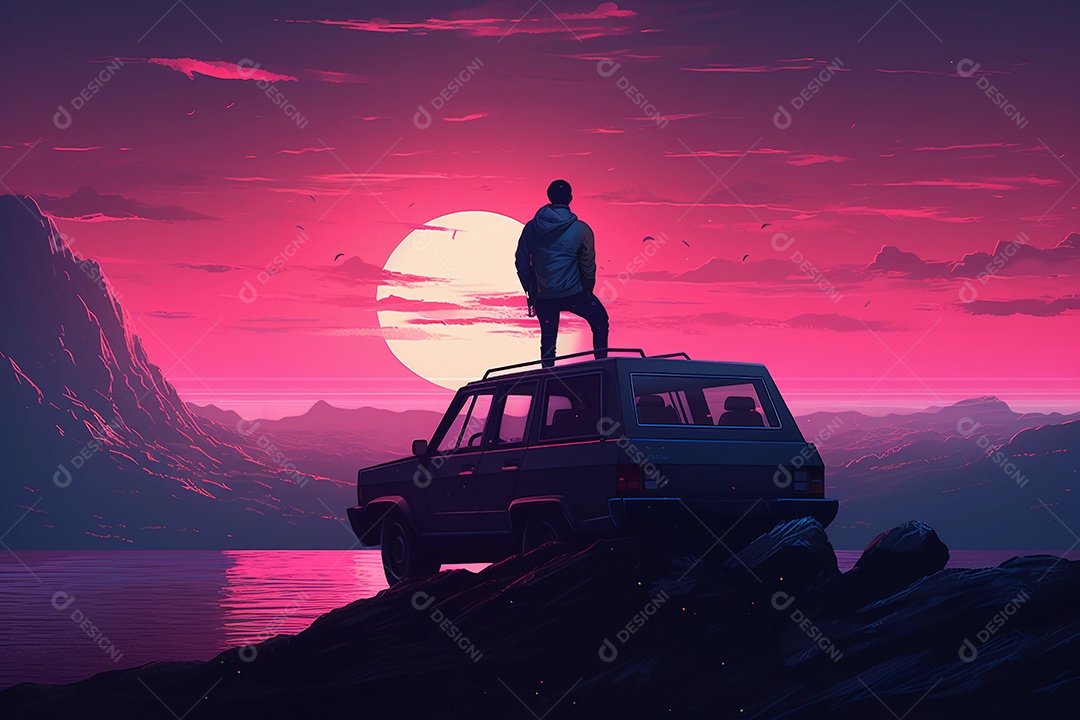 Neon retrowave ou fundo synthwave com grade e sol e um homem sentado em cima de um carro olhando para o horizonte.