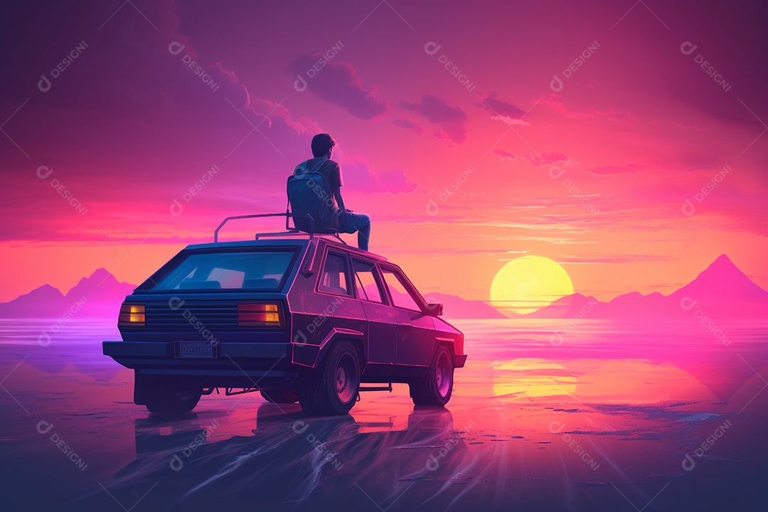 Neon retrowave ou fundo synthwave com grade e sol e um homem sentado em cima de um carro olhando para o horizonte.