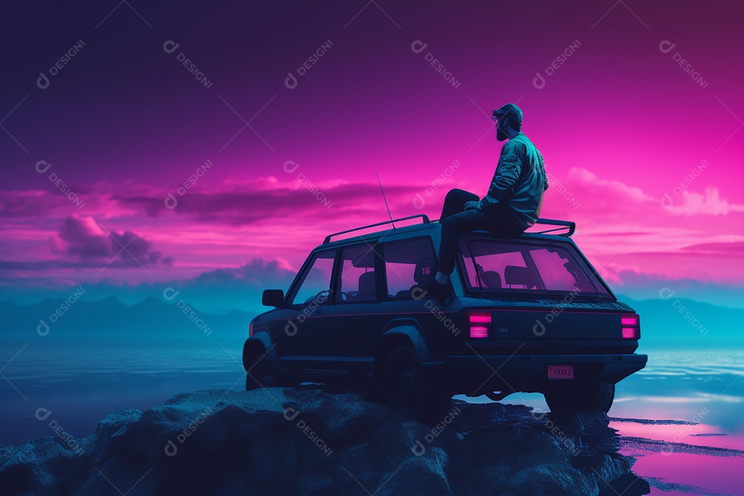 Neon retrowave ou fundo synthwave com grade e sol e um homem sentado em cima de um carro olhando para o horizonte.