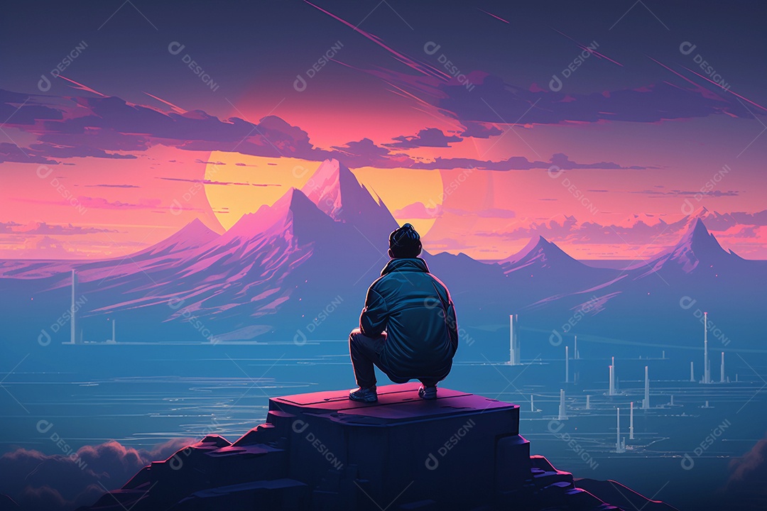 Neon retrowave ou fundo synthwave com um homem sentado no topo da montanha olhando para o horizonte.