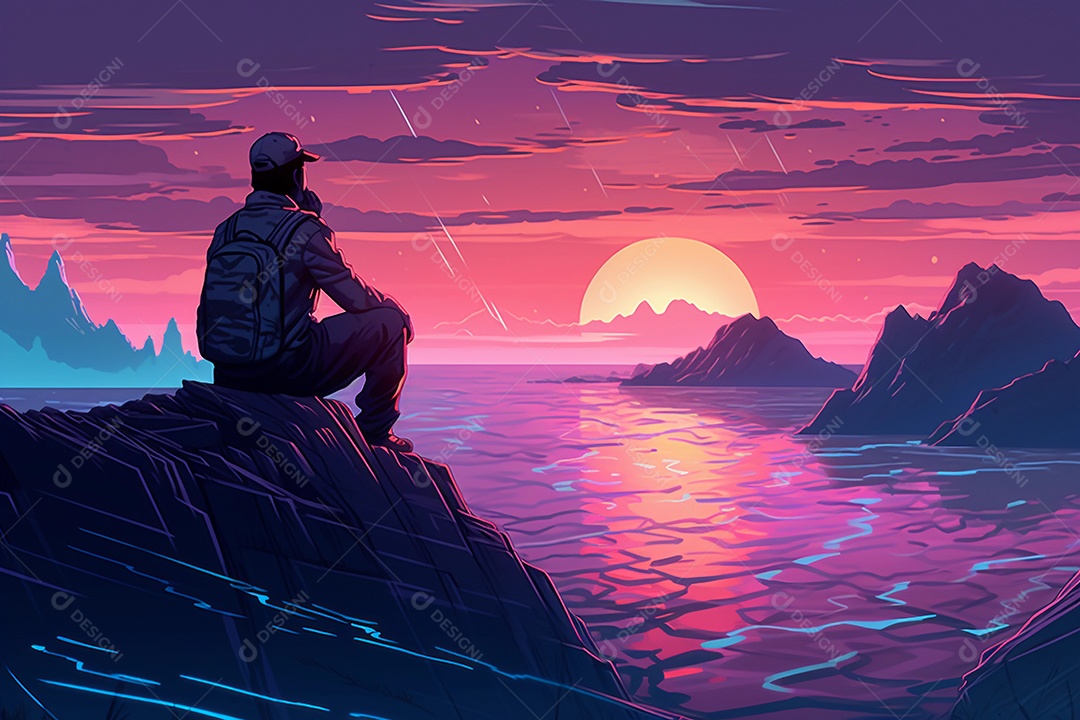 Neon retrowave ou fundo synthwave com um homem sentado no topo da montanha olhando para o horizonte.