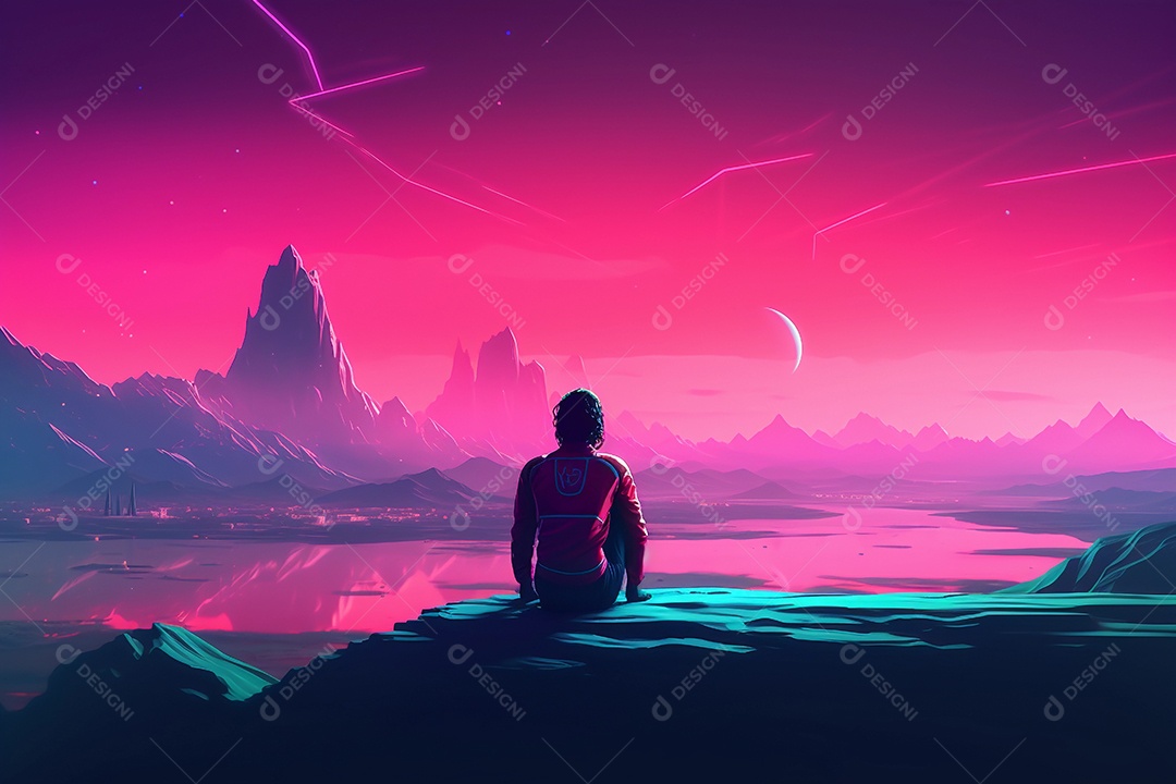 Neon retrowave ou fundo synthwave com um homem sentado no topo da montanha olhando para o horizonte.