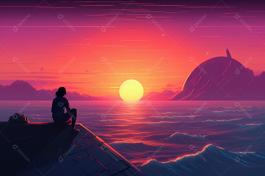 Neon retrowave ou fundo synthwave com um homem sentado no topo da montanha olhando para o horizonte.