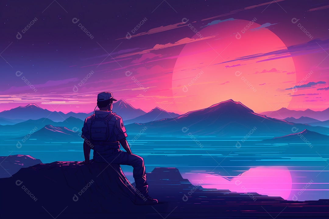 Neon retrowave ou fundo synthwave com um homem sentado no topo da montanha olhando para o horizonte.