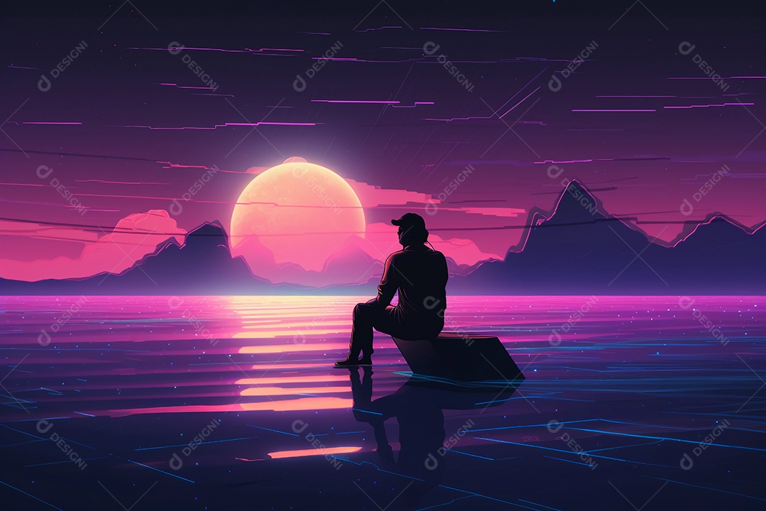 Neon retrowave ou fundo synthwave com um homem sentado no topo da montanha olhando para o horizonte.
