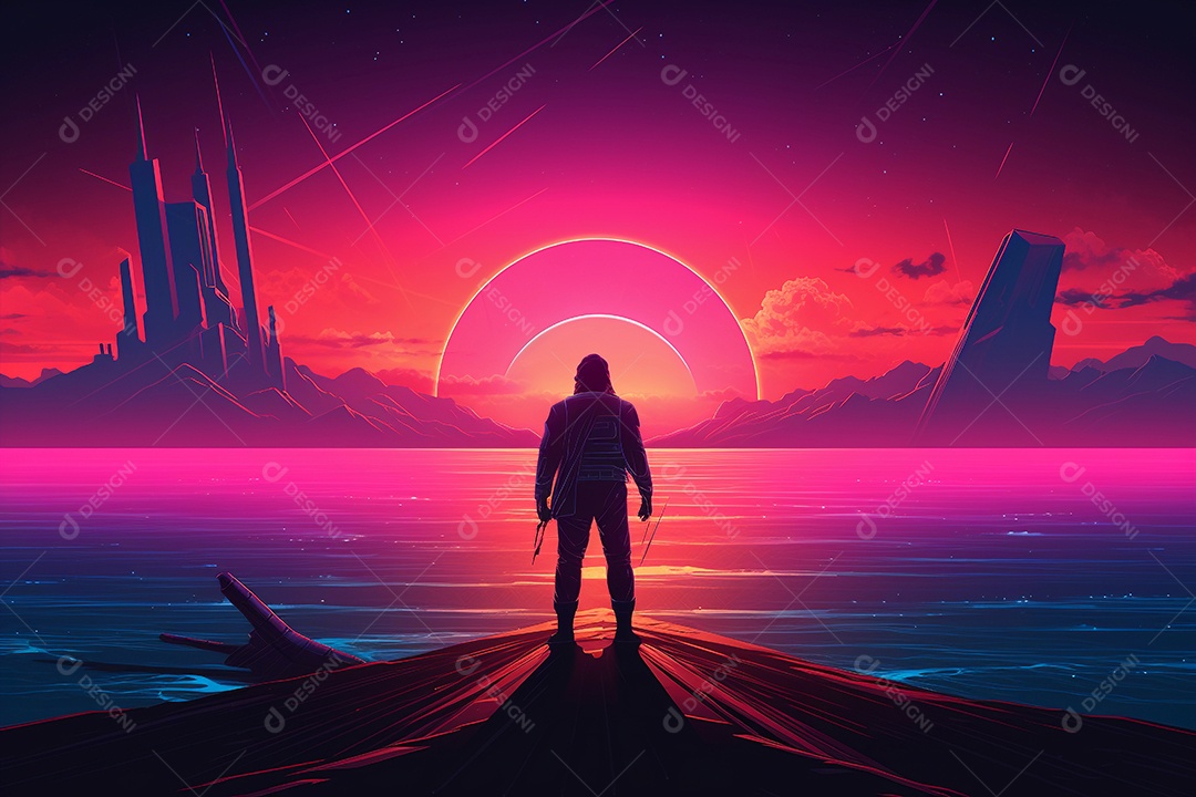 Samurai cyberpunk com cor neon.