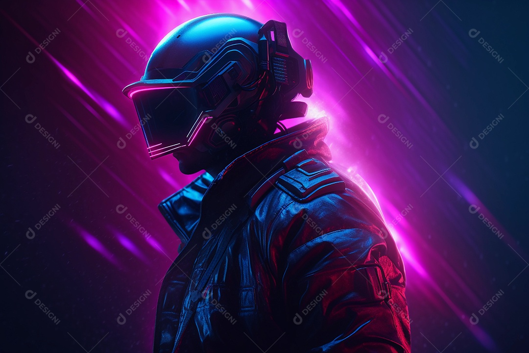 Samurai cyberpunk com cor neon.