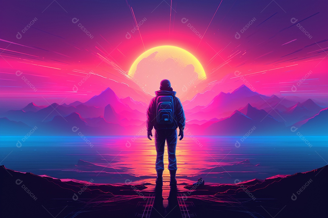 Samurai cyberpunk com cor neon.