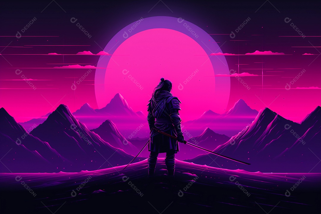 Samurai cyberpunk com cor neon.