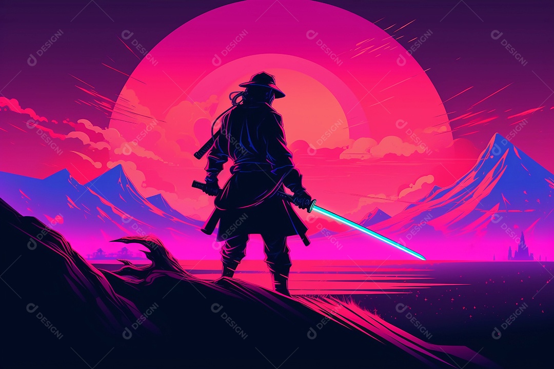 Samurai cyberpunk com cor neon.