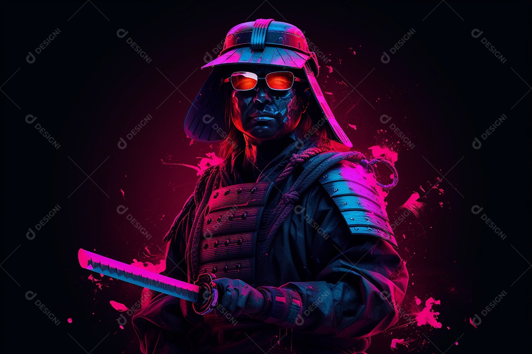 Samurai cyberpunk com cor neon.