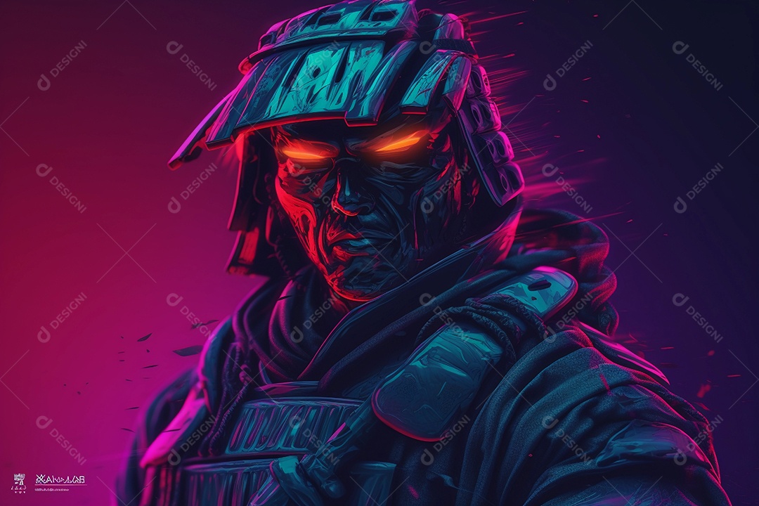 Samurai cyberpunk com cor neon.