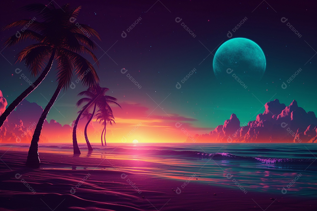Neon retrowave ou fundo synthwave com grade e sol.